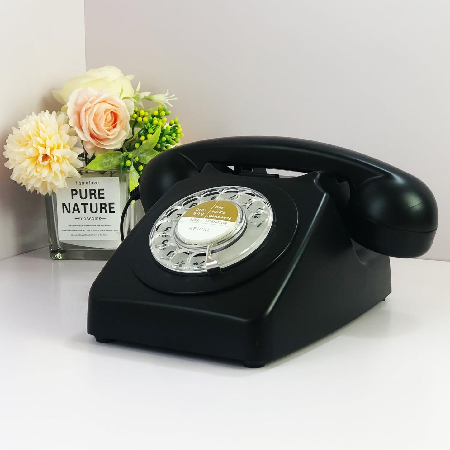 Benotek - Teléfono de línea fija negro, teléfono de escritorio con esfera giratoria de los años 80, teléfono retro de estilo antiguo clásico para hogar, oficina, escuela, hotel