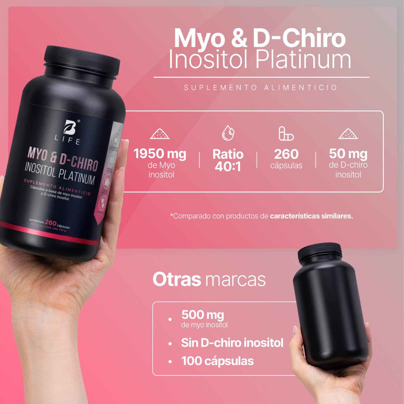 B Life | Myo y D-Chiro Inositol | Ratio 40:1 | 260 cápsulas | 2000 mg por porción | Ingredientes Naturales | Myo & D-Chiro Inositol Platinum.