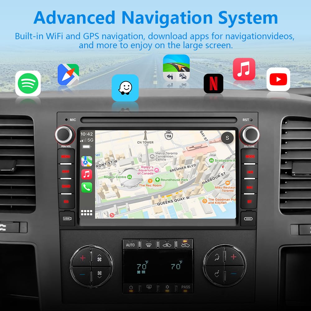 AWESAFE - Estéreo de coche para Chevrolet Silverado Tahoe GMC Sierra Yukon 2007-2013, Android 7 pulgadas visualización táctil Silverado Radio con CarPlay Android Auto Bluetooth GPS AM FM - Cámara