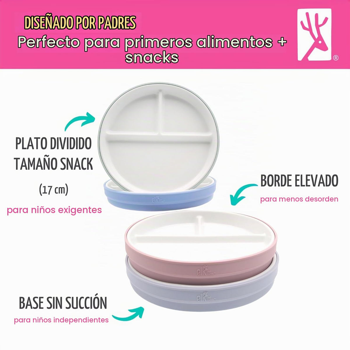 Elk and Friends Kids - Platos divididos de porcelana de 6.7 pulgadas con mangas de silicona, adecuados para bebés/niños/niños pequeños, aptos para microondas y lavaplatos, antideslizantes, platos de