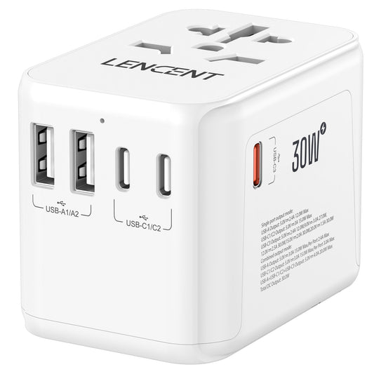 LENCENT Adaptador Universal de Viaje, Cargador Universal con 2 Puertos USB y 3 USB-C Carga Rápida PD 30W, Adaptador Internacional Enchufe Tipo A/C/G/I para USA, Reino Unido, Europa, Australia, Blanco