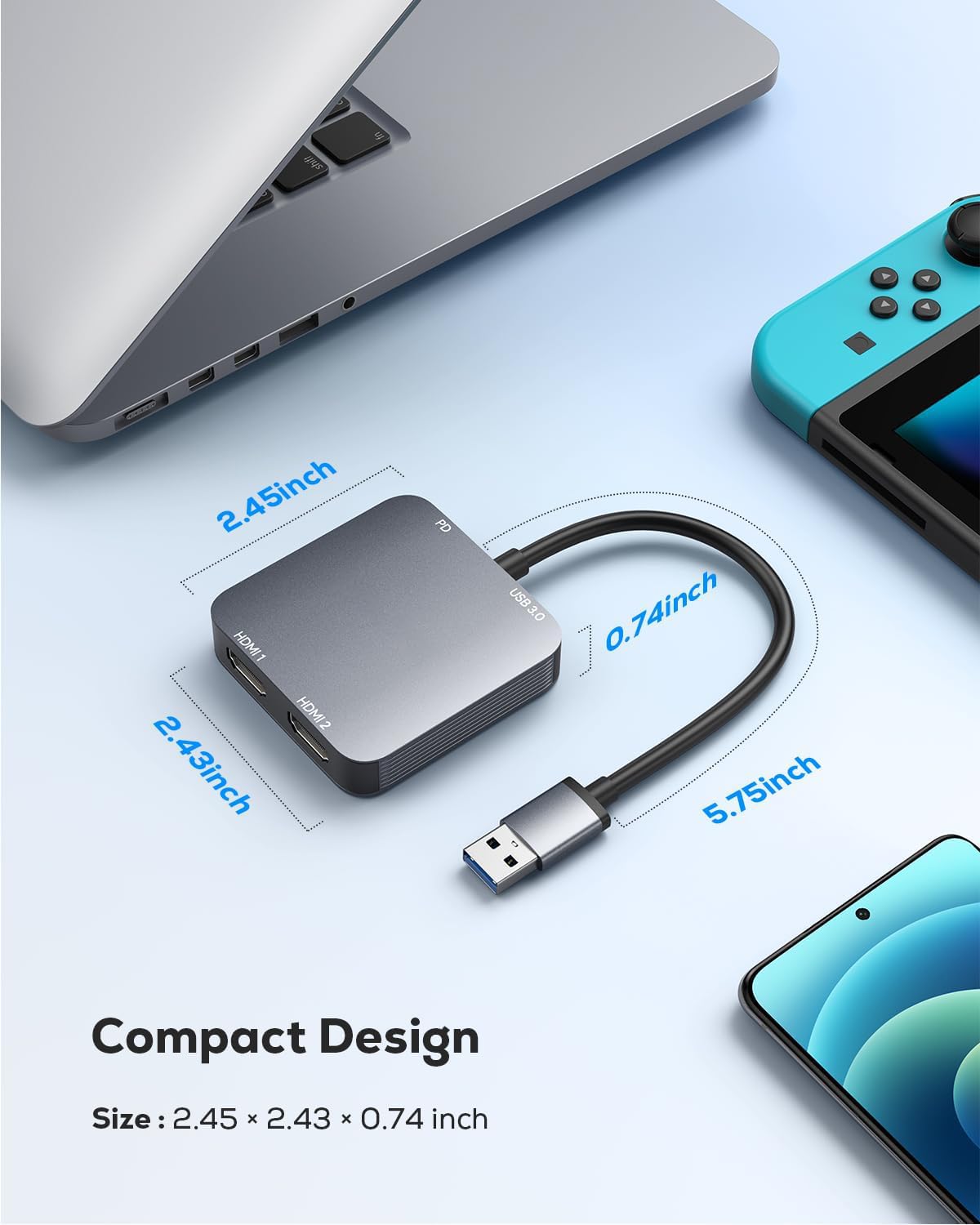 GANA - Adaptador USB 3.0 a doble HDMI con puerto USB 3.0, cable convertidor de audio y video HDMI a USB para monitor de portátil, compatible con Mac OS, Windows, actualizaciones de controladores