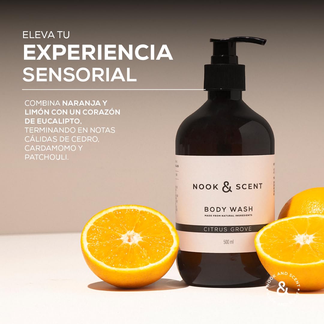 Body Wash Cítrico | 500 ml | Limpieza e Hidratación | Libre de Sulfatos y Parabenos, Vegano, Aceites Esenciales, Aroma Revitalizante con Notas de Naranja, Cedro y Patchouli | Nook & Scent