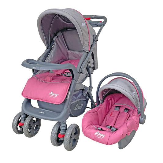 D´BEBÉ - Carriola Travel System Aventura - Carriola Multifuncional de Manubrio Reversible - Ideal para Bebés Recién Nacidos y hasta los 4 años - Incluye Portabebé - Color Rosa