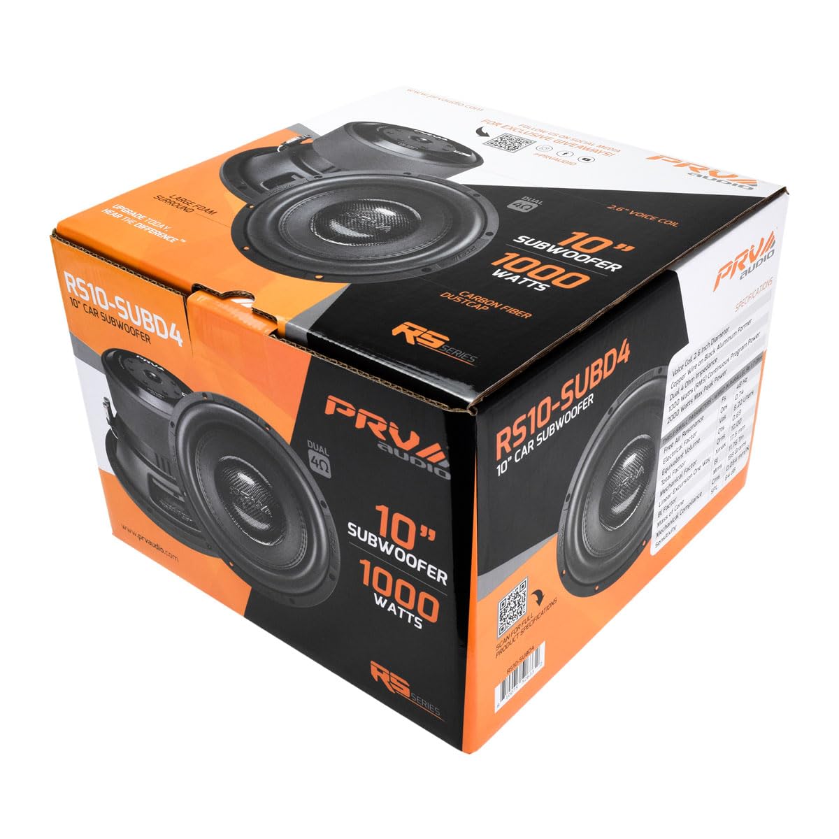 PRV AUDIO 10" Sub D4 de 2000 vatios de potencia máxima Dual 4 Ohm, Xmax de 17.5 mm, RS10-SUBD4, bobina de voz de 2.6 pulgadas, Subwoofer de coche de 10 pulgadas de tonos bajos profundos para sistemas