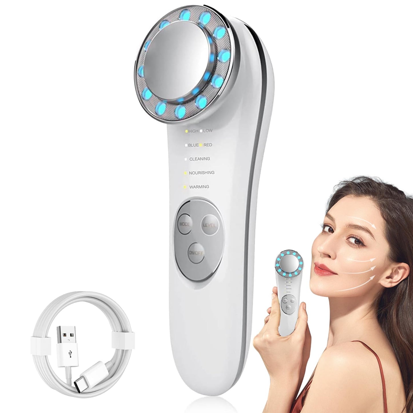 Masajeador Facial Eléctrico, Facial Aparato Radiofrecuencia, 7 en 1 Aparato Facial Ultrasonido, Fototerapia De Luz Roja Y Azul Calor, Anti-Envejecimiento, Limpieza Profunda, Cuidado Facial