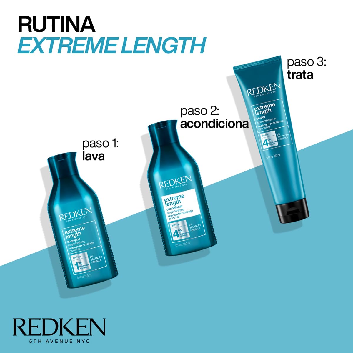 REDKEN- Shampoo Extreme Length | Shampoo anti-quiebre para un cabello más largo y sano | Fortalece el cabello desde la raíz hasta las puntas y reduce el quiebre | Formulado con Biotina | 300ml