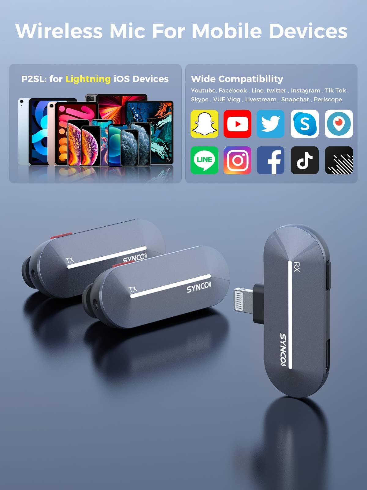 Micrófono Inalámbrico SYNCO P2L Blanco con Reducción de Ruido y Funda de Carga para iPhone