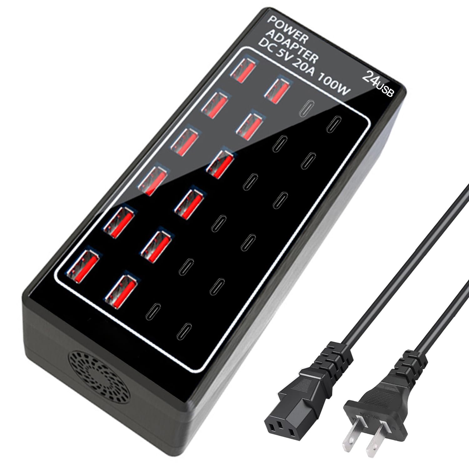 Cargador USB, bloque de cargador USB C, 100 W (20 A), 24 puertos, múltiples USB, cargador de pared, 12 USB A 12 USB C compatible con Apple iPhone, iPad, Samsung Galaxy, portátil, Pixel, teléfonos
