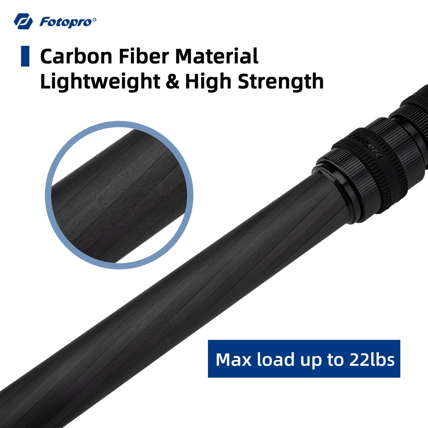 Fotopro - Tubo de extensión de trípode de fibra de carbono de 25 pulgadas, 3 secciones, columna central, carga máxima de 22 libras
