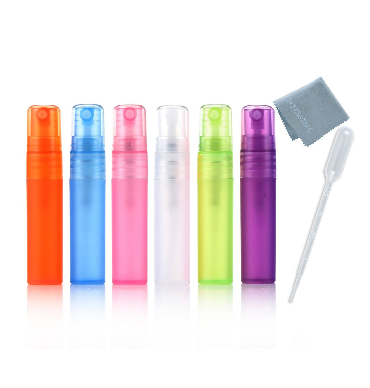 Elfenstal - 24 botellas de 5 ml de 5 ml, atomizador vacío, botella de plástico mate, rellenable, fragancia perfume, botella de muestra, paño limpio para viajes, fiesta, maquillaje, pipeta de 3 ml