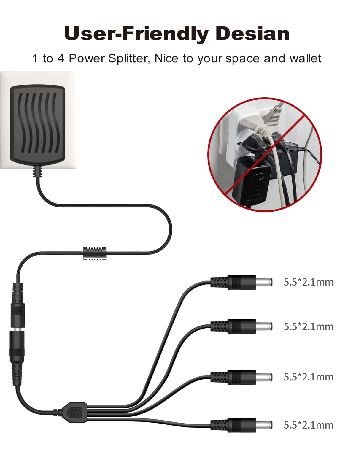 Lonnky - Cargador 12v, Adaptador de Corriente para Cámara de Seguridad DC 12 V 2 A con Divisor de 1 a 4 Potencias para Sistema de Cámara de Seguridad CCTV, Certificado ULFCC para América del Norte