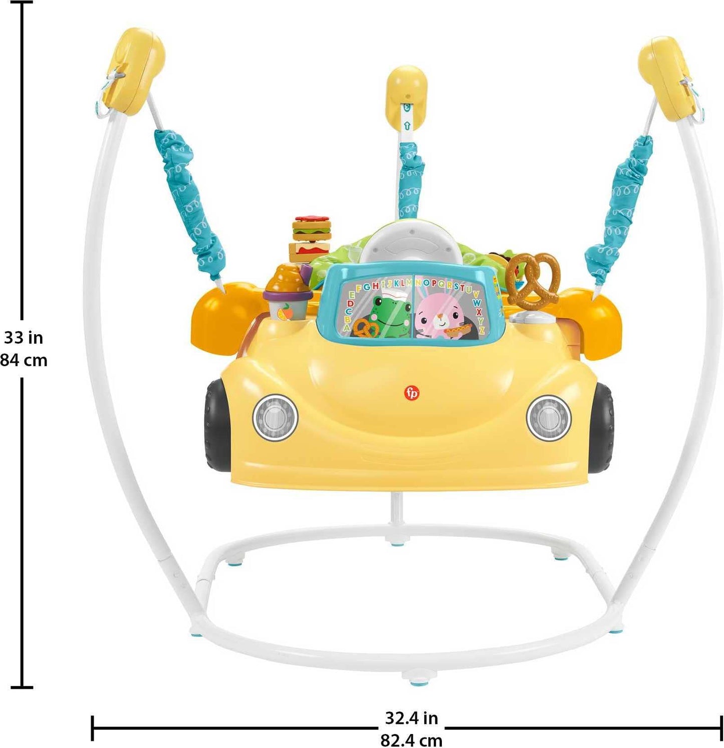 Fisher-Price - Juguete de aprendizaje de bebé a niño pequeño 2 en 1 Servin' Up Fun Jumperoo Centro de actividades con luces musicales y juego de rompecabezas de clasificación de formas