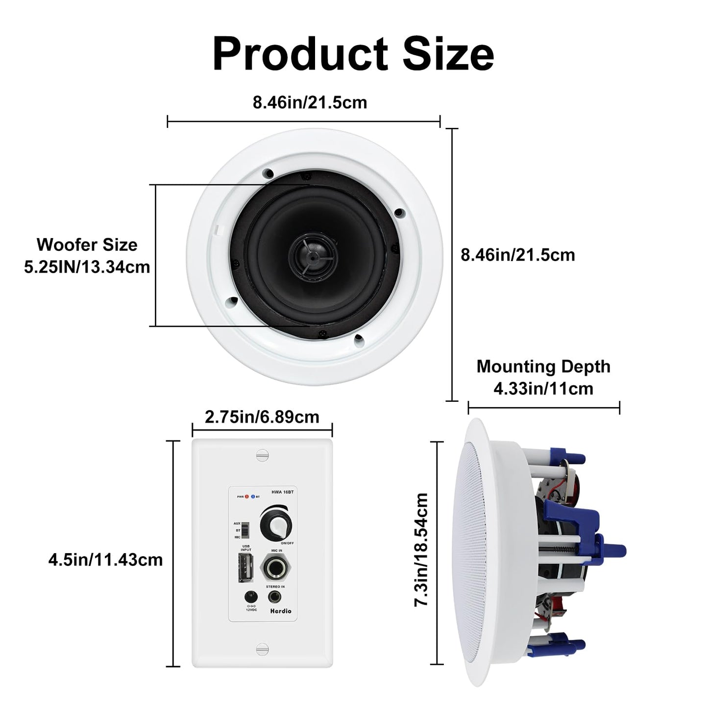 Herdio Altavoces de Techo de 5.25 Pulgadas, 600 W, Montaje Empotrado de 2 vías con Receptor Amplificador de Montaje en Pared, Perfecto para Cine en casa, baño, Compatible con Bluetooth(4 Altavoces)