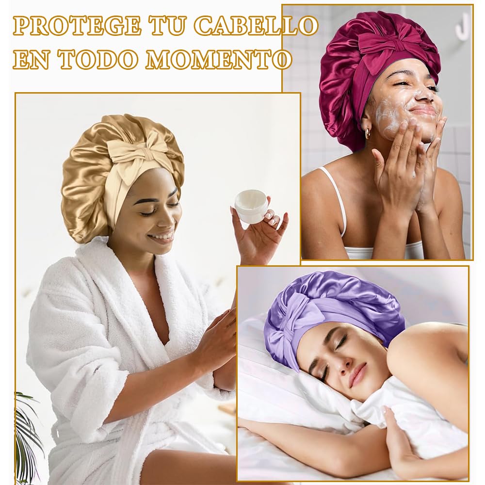 Gorro de Seda para Dormir, Para El Cabello Largo Bonnet Ajustable para Mujer，capó ajustable de satén，Capos grandes de seda satinada para dormir con correa de corbata, Adecuado para Dormir, Bañarse