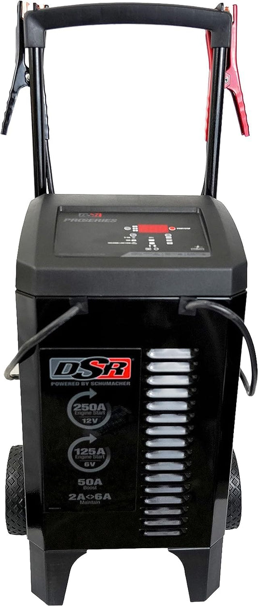 Schumacher Electric DSR Pro Series 6V / 12V Cargador de batería con Ruedas y Motor de Arranque – Cargador de batería de Coche Resistente y mantenedor – Totalmente automático – 125/250 amperios