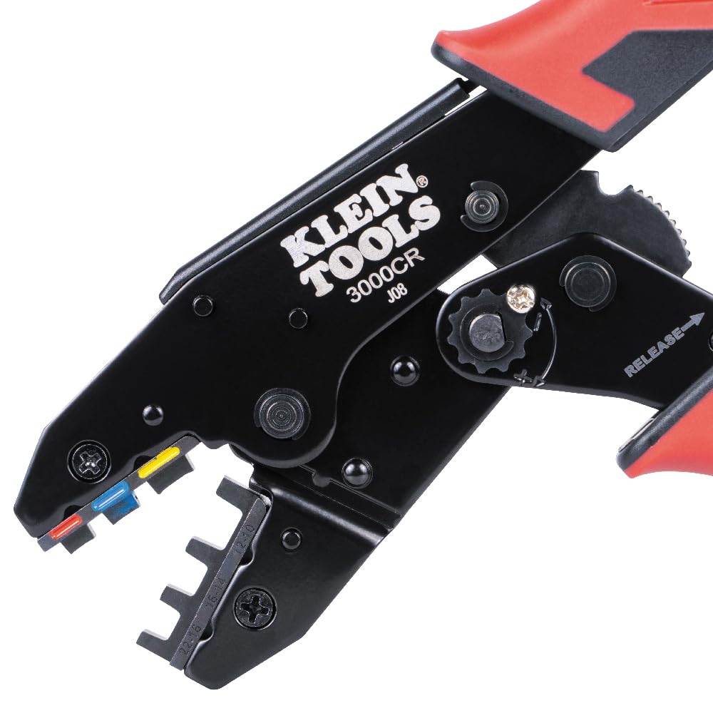 Klein Tools 3007CR - Herramienta de crimpado para conectores termoencogibles, crimpadora de terminales de carraca, alambre de cobre trenzado de 10 a 22 AWG, ciclo completo, 3 cavidades