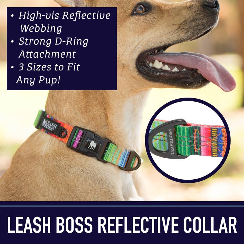 Collar de perro reflectante con patrón de Leashboss, colección de patrones, collar colorido para perro con triple reflexión para perros pequeños, medianos y grandes (cuello mediano de 34 a 49 cm x 2,5 cm de ancho, patrón de manta)