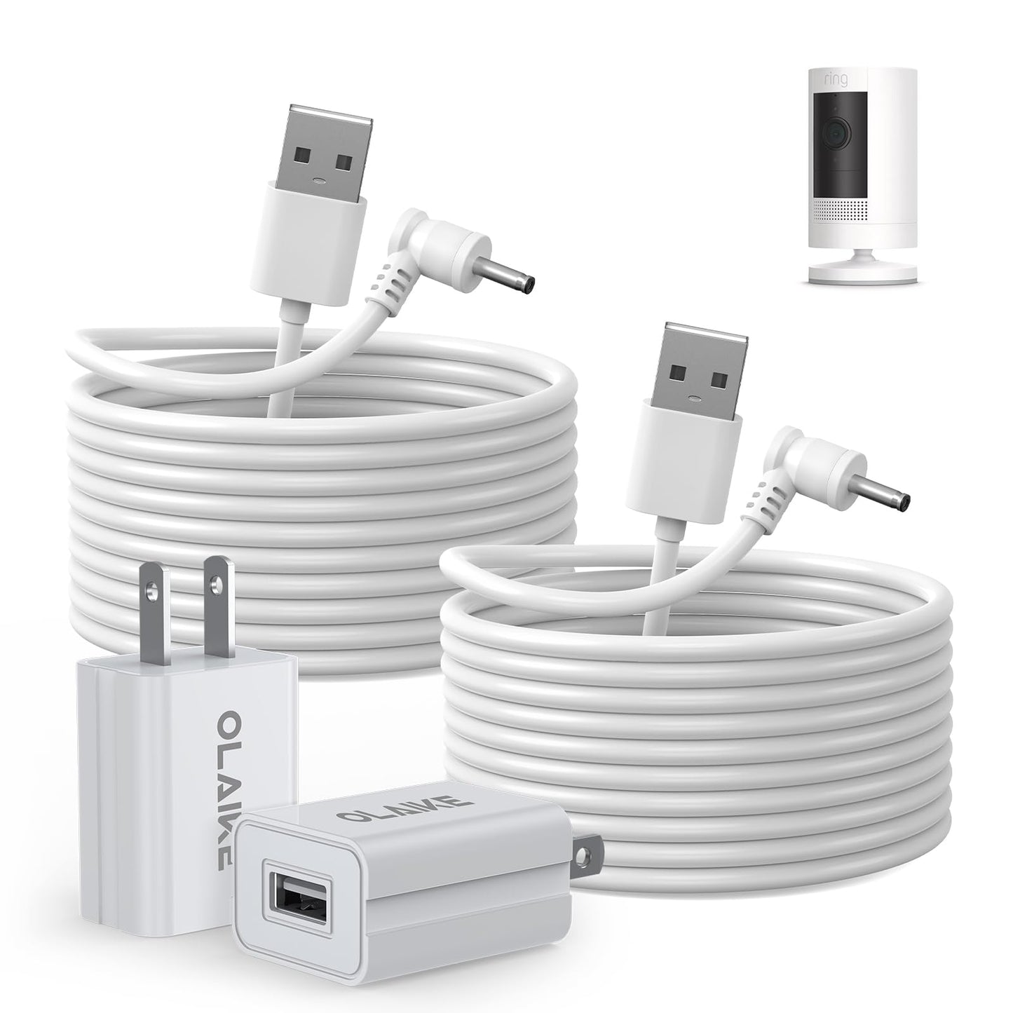 OLAIKE 5 m/ 16 pies (Paquete de 2) Cable de Carga Resistente a la Intemperie para Stick Up CAM Battery/Plug-in y Spotlight CAM Battery y Soporte para inclinación y Vista panorámica, Blanco