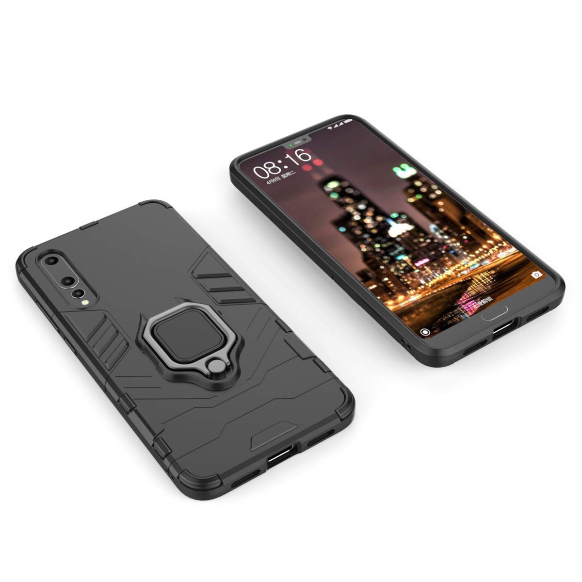 Compatible con Huawei P20 Pro Funda, Anillo Metálico Sujeción Soporte Antichoque Rígido Caja (Funciona con el Montaje de Coche Magnético) Doble Capa Sólido Case Carcasa para Huawei P20 Pro (Negro)