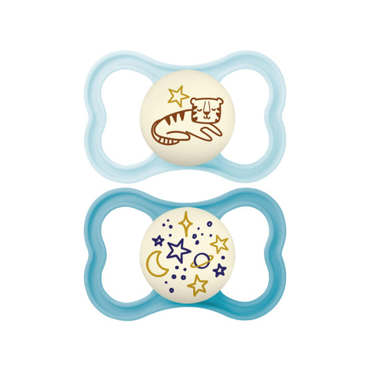 MAM Supreme Night Pacifiers (2 Pack, 1 Sterilizing Pacifier Case), Best Pacifier for Breastfed Babies 6+ Months, Glow in the Dark Pacifiers, Boy Pacifier