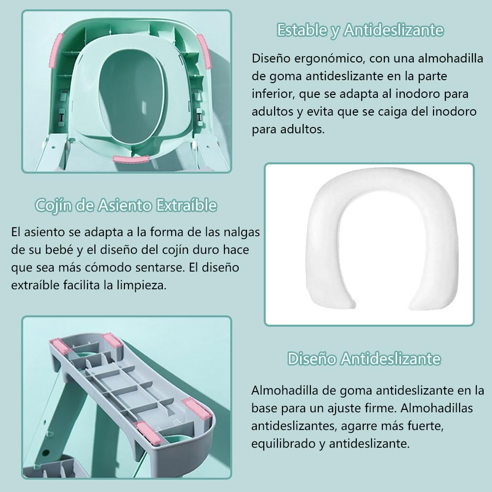 Jiula Asiento de Entrenamiento para Baño con Escalera Antideslizante - Asiento Entrenador para Baño Niño, Taburete Plegable Infantil para Taza, con Acolchonado, Asiento Ergonómico Gris, A, Cojín Dura