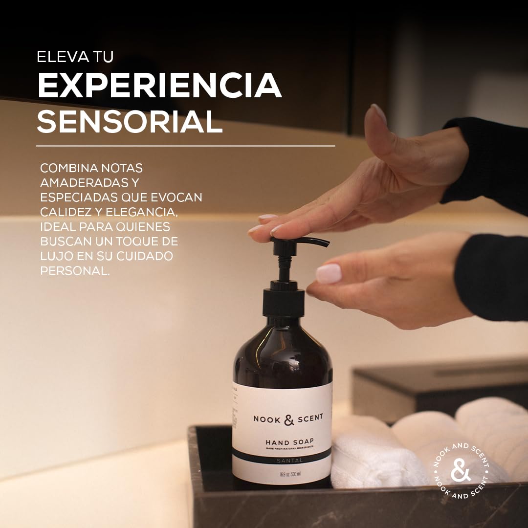 Jabón Líquido para Manos | 500 ml | Limpieza y Frescura | Libre de Sulfatos y Parabenos, Vegano, Aceites Esenciales, Aroma Energizante de Limón y Naranja | Nook & Scent (Santal)