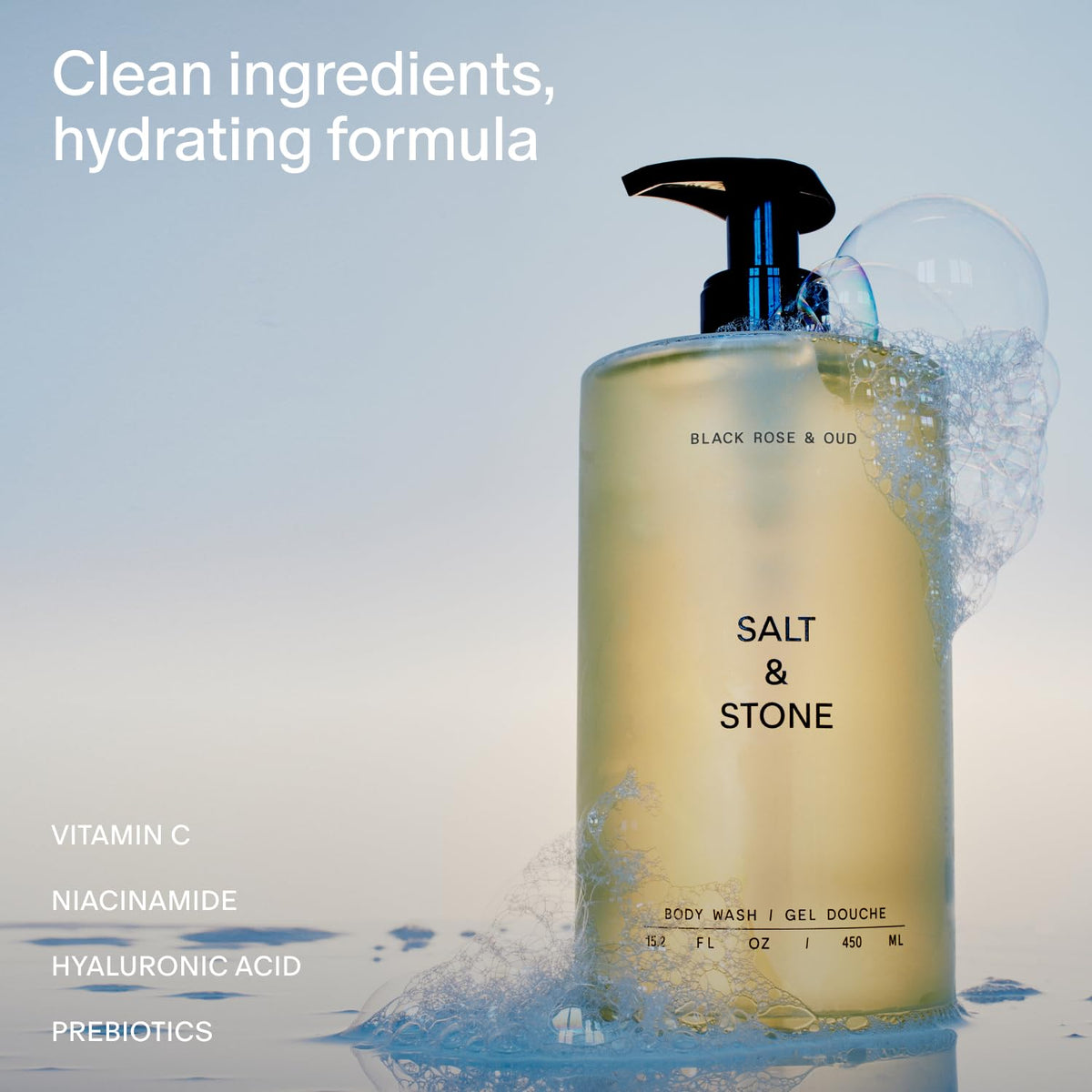 Salt & Stone- Gel de baño con antioxidantes para una hidratación profunda | Para mujeres y hombres, sin sulfatos, parabenos ni colorantes, Leavi