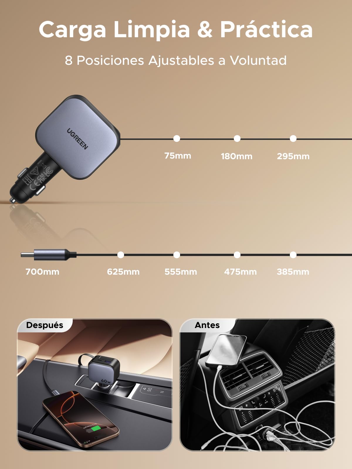 Cargador para Auto UGREEN Negro 3 en 1 60W Carga Rápida con Cable Retráctil USB C