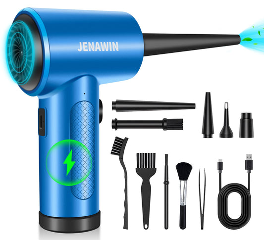 Jenawin - Plumero eléctrico de aire comprimido, 3 velocidades 91000 RPM, 8000 mAh recargable, kit 14 en 1 con LED, para computadoras, teclados, coches y más