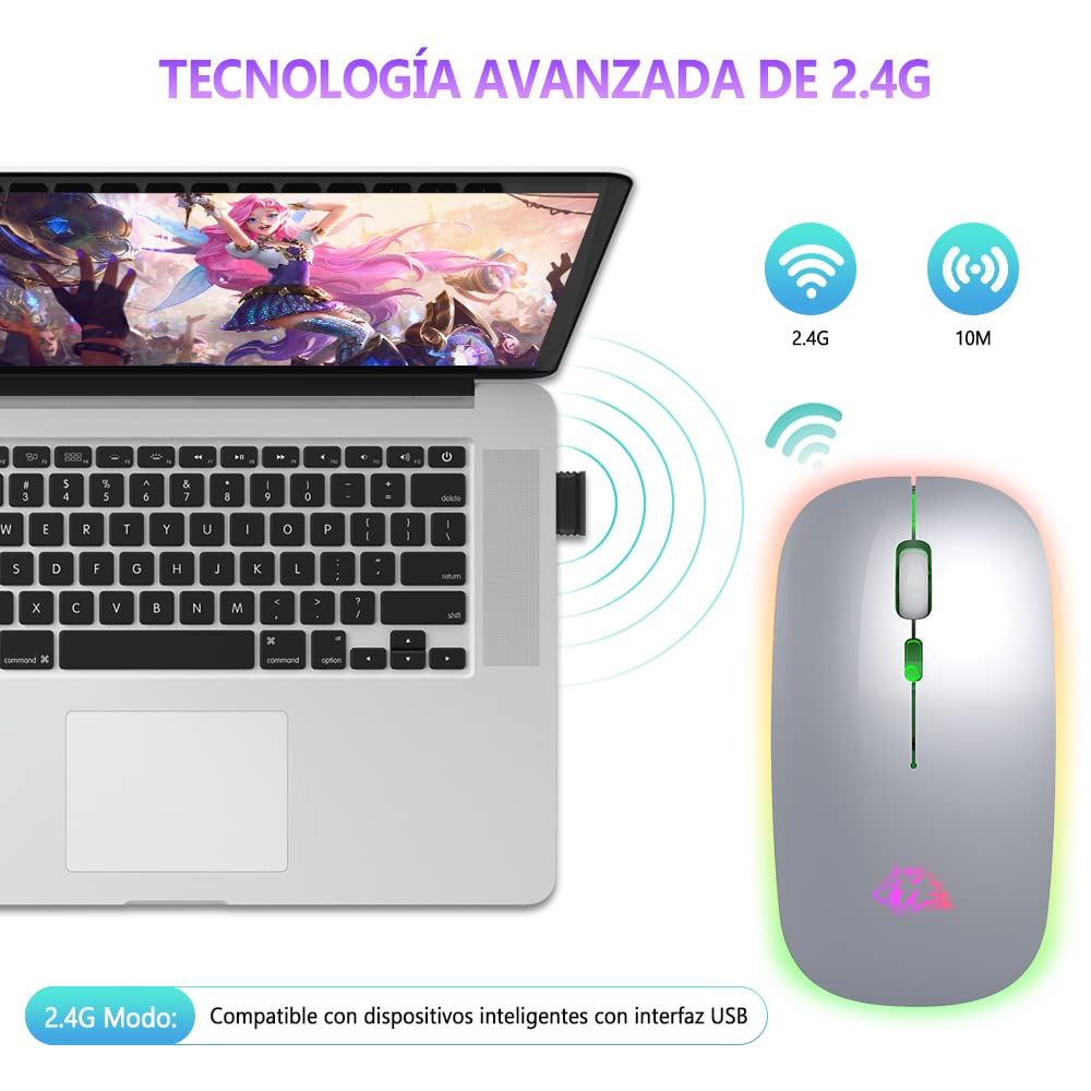 Free wolf X15 Mouse Inalámbrico, Wireless óptico Recargable 2.4 G Ergonómico Silencioso Click con Receptor USB 3(800/1200/1600) Ajustable dpi Ratón para Computadora,Portátil,PC,Mac (Gris)
