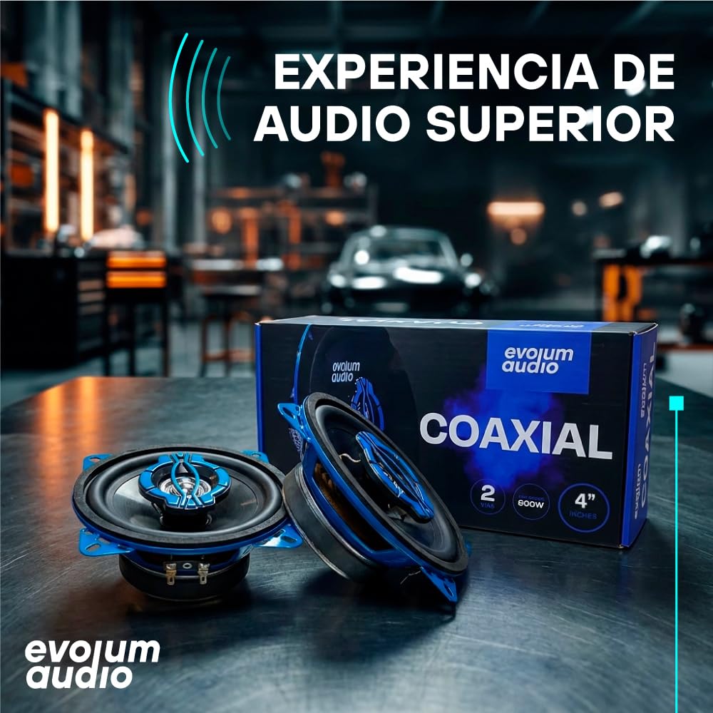 Evolum Audio - Kit Bocinas 2 Vías - Sonido Claro y Potente - Potencia RMS de 100 W - Gran Volumen y Claridad sin Distorsión - Fácil Instalación & Amplia Compatibilidad - Modelo Coaxial (4 in)