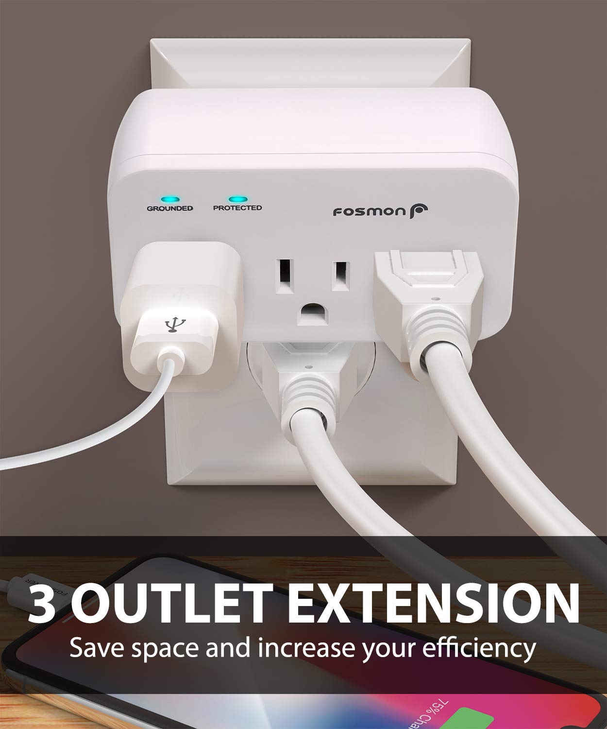 Fosmon - Protector de sobretensiones para refrigerador, 3 tomas, protector de sobretensiones para electrodomésticos de alta resistencia con altos julios para nevera, microondas, lavadora, puerta de