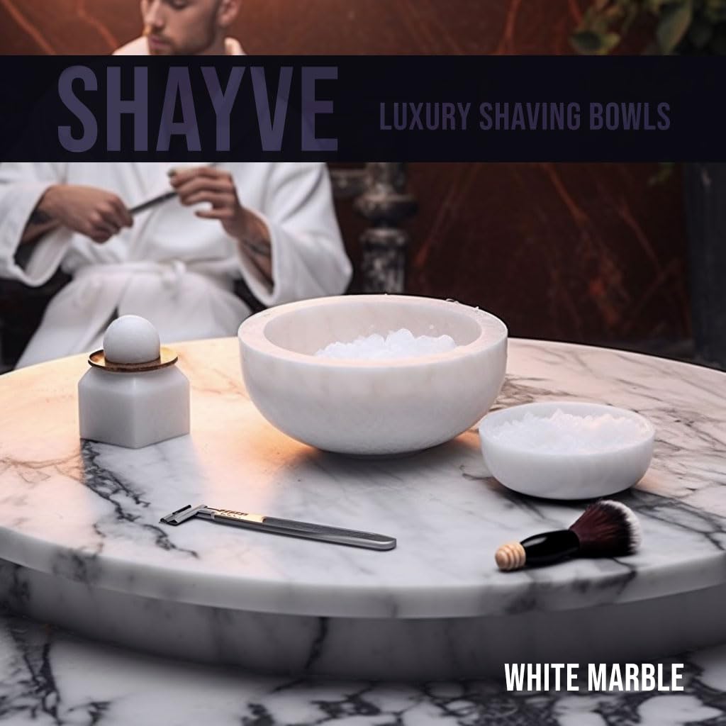 ShayVe - Cuenco de afeitar para jabón y crema de afeitar, cuenco de afeitar de mármol para jabón y crema, exquisito kit de afeitado húmedo con aislamiento térmico (White)