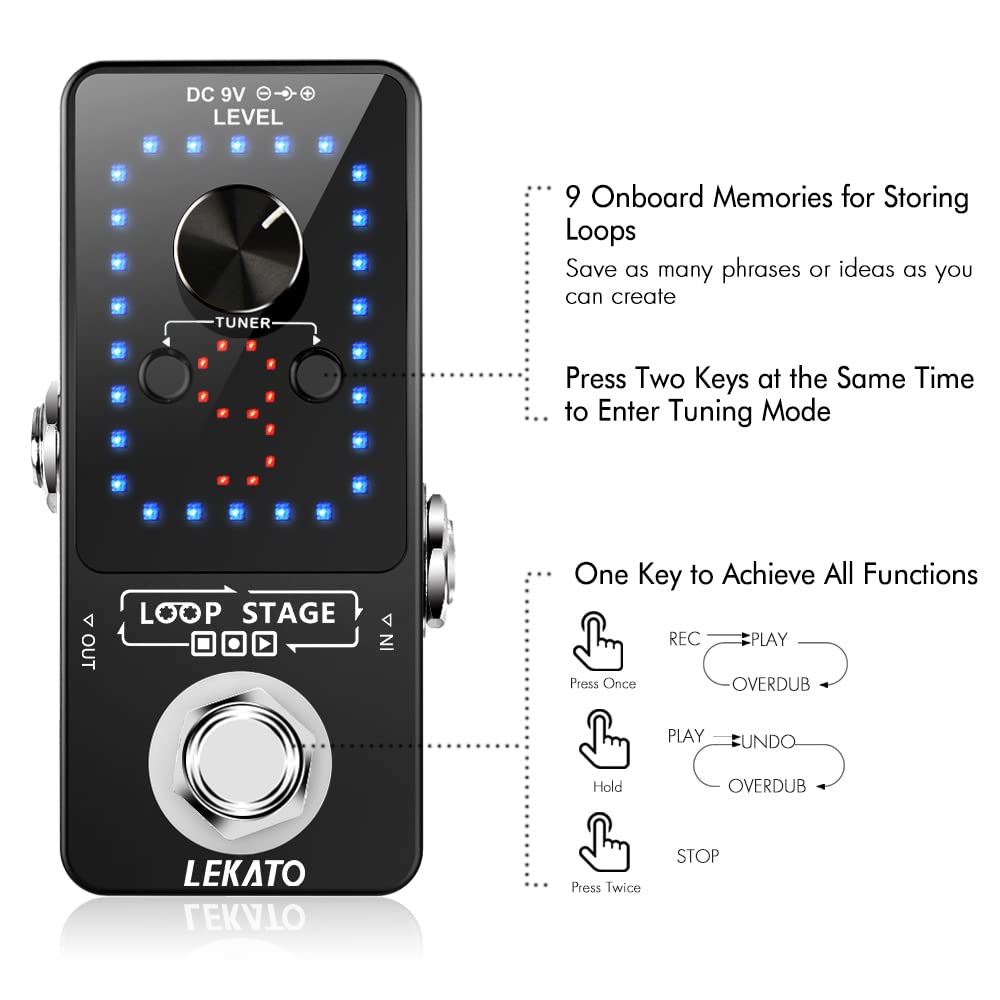 LEKATO Looper - Pedal de guitarra para guitarra, 9 bucles, 40 minutos, tiempo de grabación ilimitado, overdubs para guitarra eléctrica, bajo