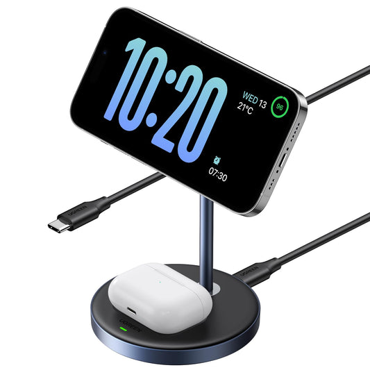 UGREEN Soporte de Carga Inalámbrico,15W Qi 3 en 1 Estación Cargable Inalámbrica, Cargador con Cable USB-C 1M, Compatible con iPhone 16/16 Plus/16 Pro/16 Pro Max/15/14/13/12 y AirPods Series