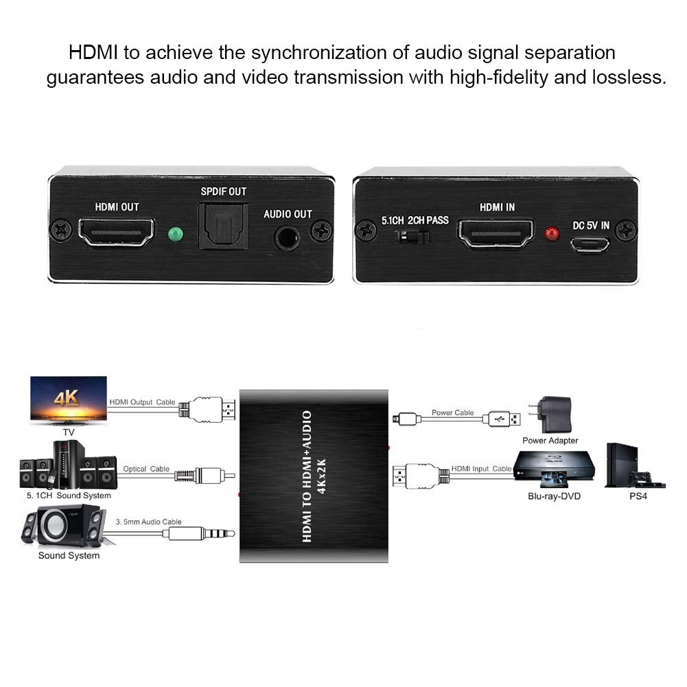 Convertidor de Audio Digital a analógico, 4K x 2K HDMI 1.4 Extractor de Audio 5.1 Adaptador de Convertidor de fibra óptica de Canal de Sonido para Reproductor/Amplificador de DVD