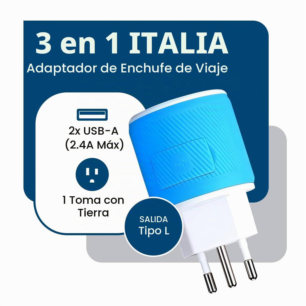 Adaptador de Enchufe de Viaje Orei Azul con Protección USB Dual Tipo L para Italia