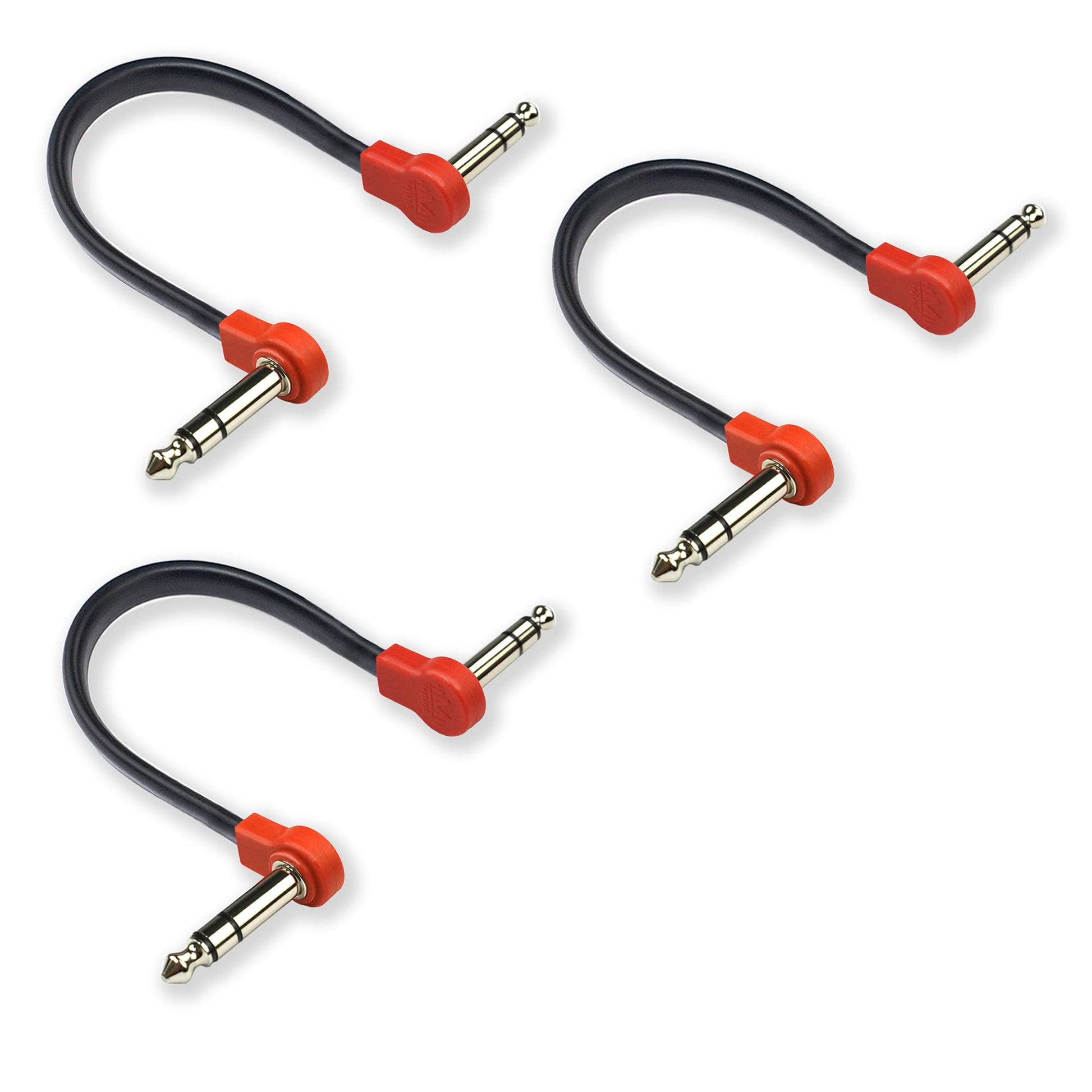 M MAKA Cable de conexión plano para guitarra estéreo de perfil bajo de 8 pulgadas para pedales de efectos, ángulo recto TRS de 1/4 pulgadas, rojo, paquete de 3