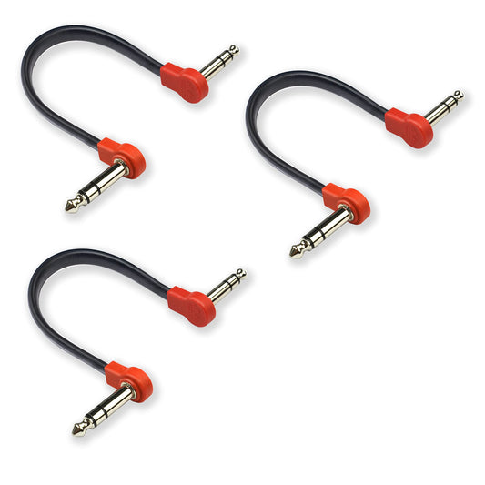 M MAKA Cable de conexión plano para guitarra estéreo de perfil bajo de 8 pulgadas para pedales de efectos, ángulo recto TRS de 1/4 pulgadas, rojo, paquete de 3