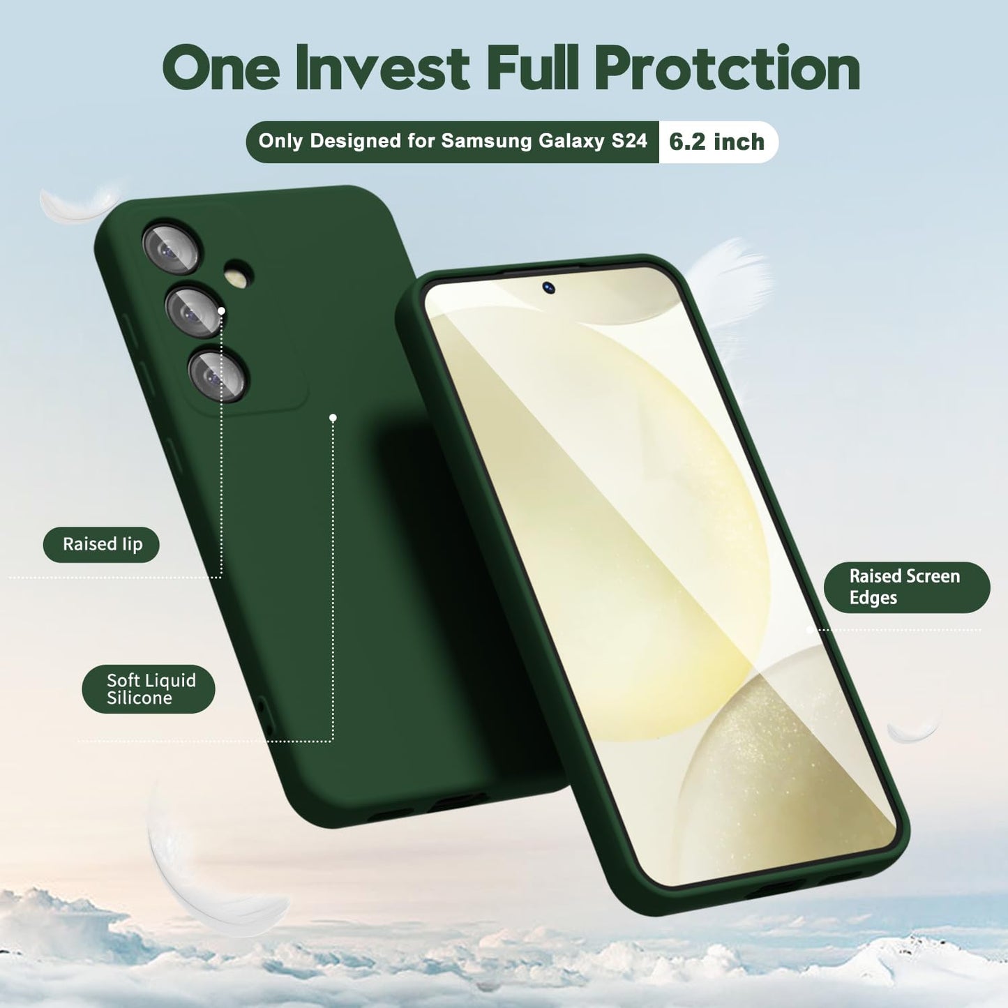 oakxco - Funda para Samsung Galaxy S24 de silicona líquida, fina y delgada, de gel de goma suave de TPU para mujeres y niñas, color sólido mate, verde oscuro