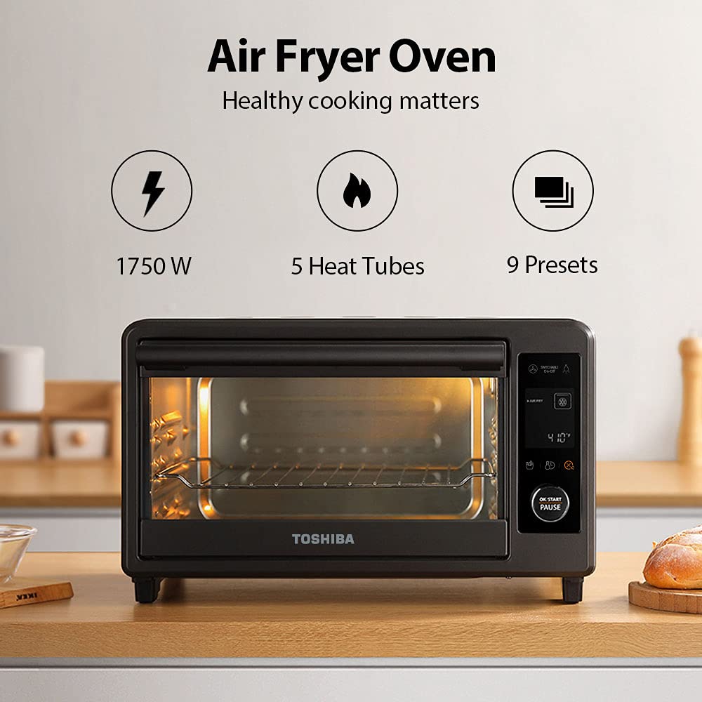 Toshiba TL2-AC25CZA (GR) - Horno tostador para freidora de aire, horno de convección digital 6 en 1 para 9 preestablecidos de cocina, pan de 6 rebanadas/pizza de 12 pulgadas, 1750 W, gris carbón