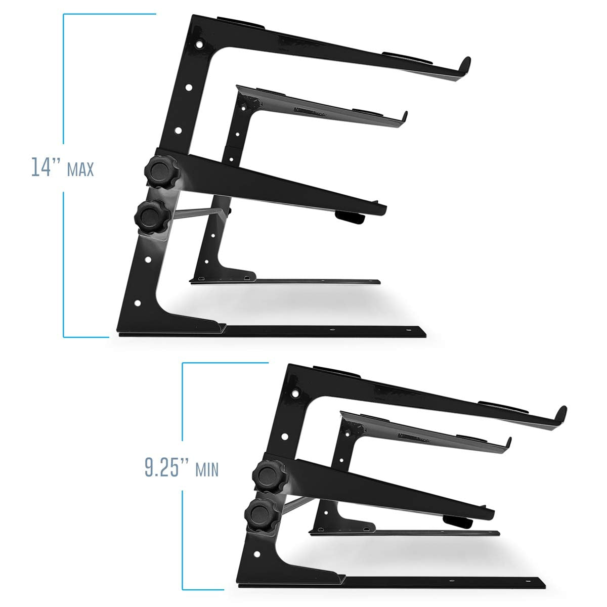 AxcessAbles - Soporte de DJ ajustable de dos niveles con abrazaderas | para controladores de DJ, mezcladores de música, portátiles de hasta 20 libras. | Soporte de driver de DJ compatible con
