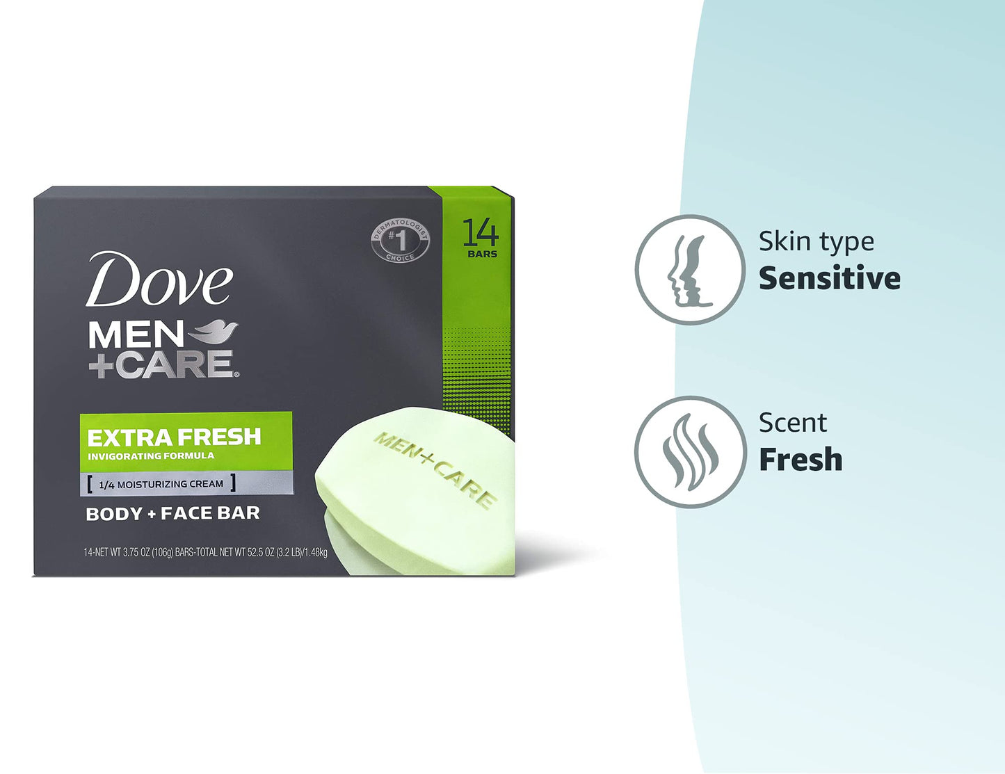 DOVE MEN + CARE Dove Men+Care Bar 3 in 1 Cleanser for Body, Face, and Shaving to Clean and Hydrate Skin Extra Fresh Body and Facial Cleanser More Moisturizing Than Bar Soap 3.75 oz 14 Bars
