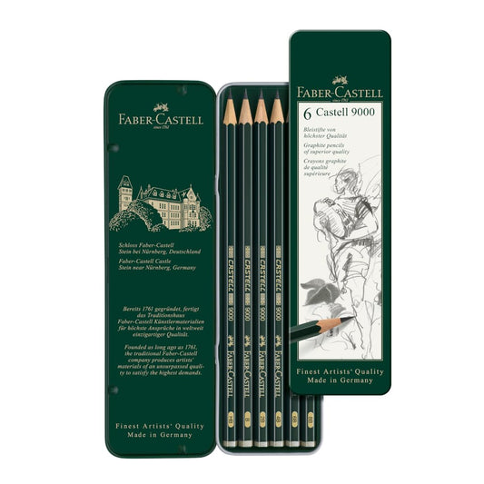 Faber-Castell Lápices Graduados Castell 9000 con 6 Lápices de Diferentes Graduaciones (HB, B, 2B, 4B, 6B, 8B), abarcando desde HB (dureza media) hasta 8B (extremadamente suave y oscuro)