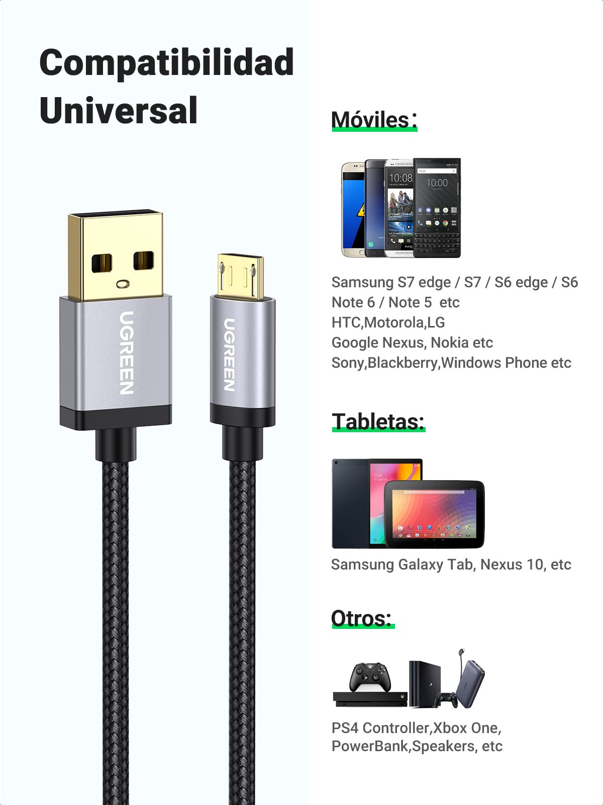 Cable Micro a USB de Carga Rápida UGREEN 3M Nylon Trenzado QC3.0/2.0