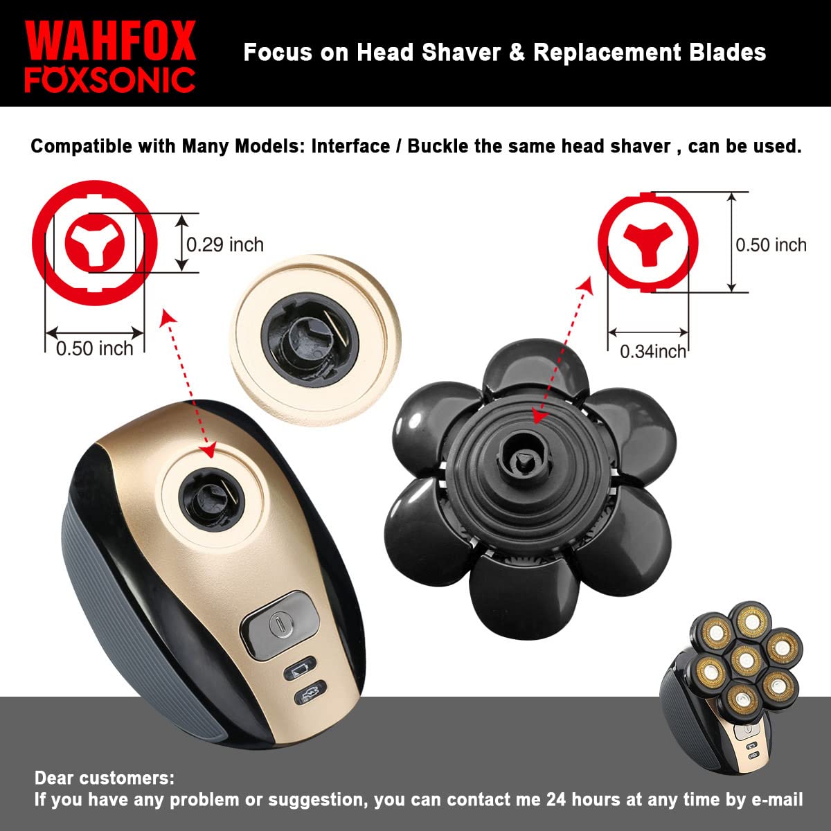 FOXSONIC Cabezales de repuesto para afeitadora de cabeza de 7 cuchillas para Freedom Grooming 7 cabezales de afeitadora de cabeza calva afeitadora de barba eléctrica (dorado + negro)