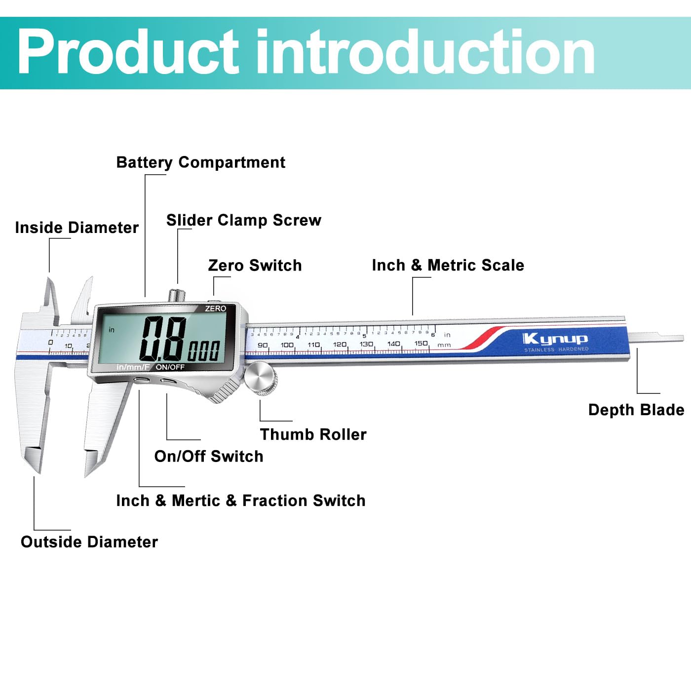 Kynup - Calibre digital, herramienta de medición de calibrador con visualización LCD grande, calibre micrómetro, acero inoxidable, a prueba de salpicaduras, fácil interruptor de fracción métrica en