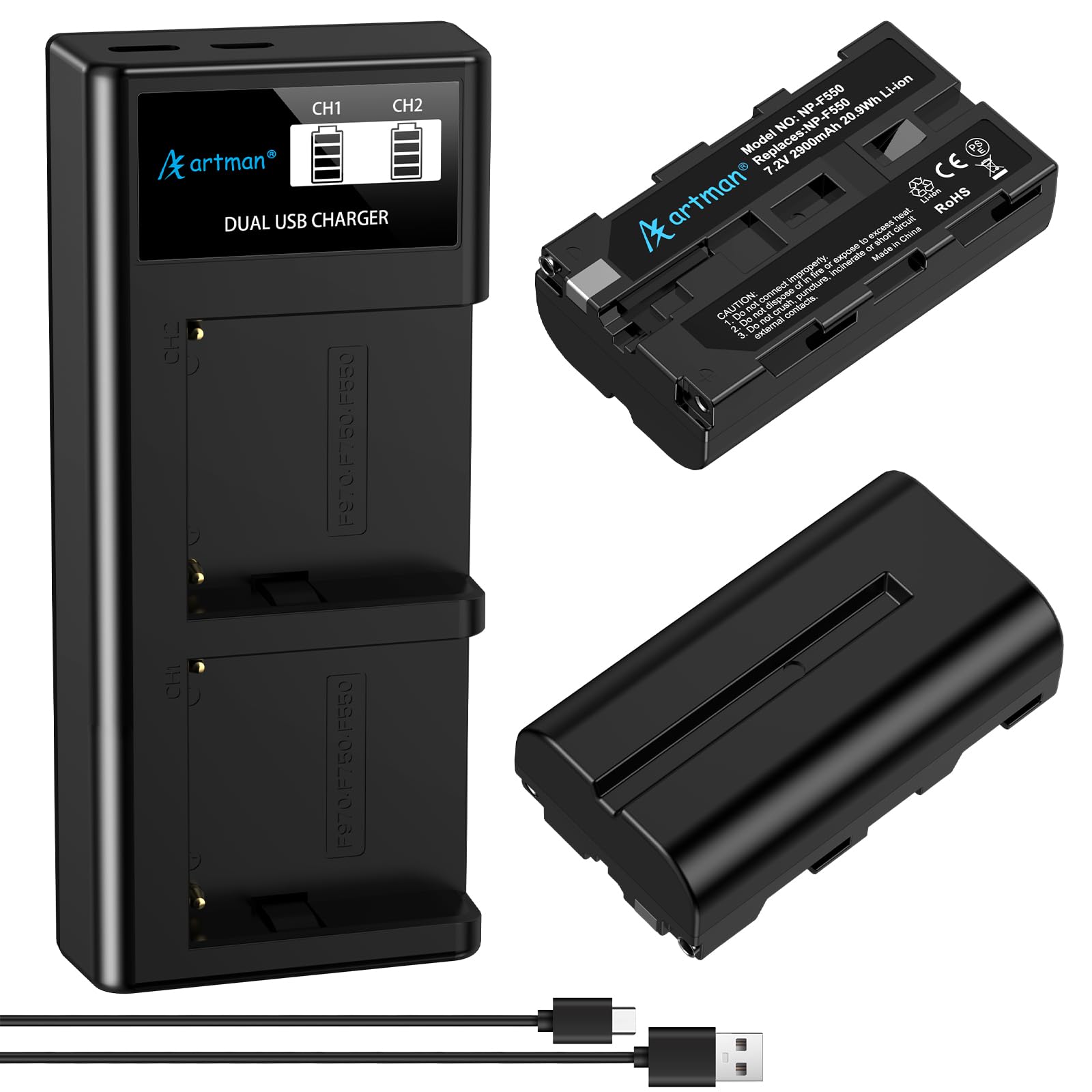 Artman Batería NP-F550 Cargador Dual LCD Mejorado Compatible con Sony NP-F530 F570 F330 F970 F960 F750 F770 CCD-SC55 TR516 TR716 TR818 TR910 (Paquete de 2, 2900mAh)
