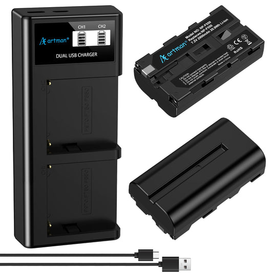 Artman Batería NP-F550 Cargador Dual LCD Mejorado Compatible con Sony NP-F530 F570 F330 F970 F960 F750 F770 CCD-SC55 TR516 TR716 TR818 TR910 (Paquete de 2, 2900mAh)